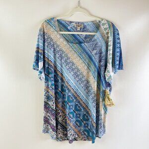 One World Womens Shirt Top 2X Boho Studded Short Sleeve OW7